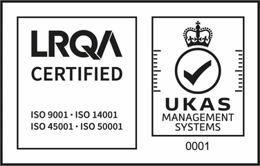 Tanda LRQA Certified dan UKAS Management Systems untuk ISO 9001, ISO 14001, ISO 45001, dan ISO 50001