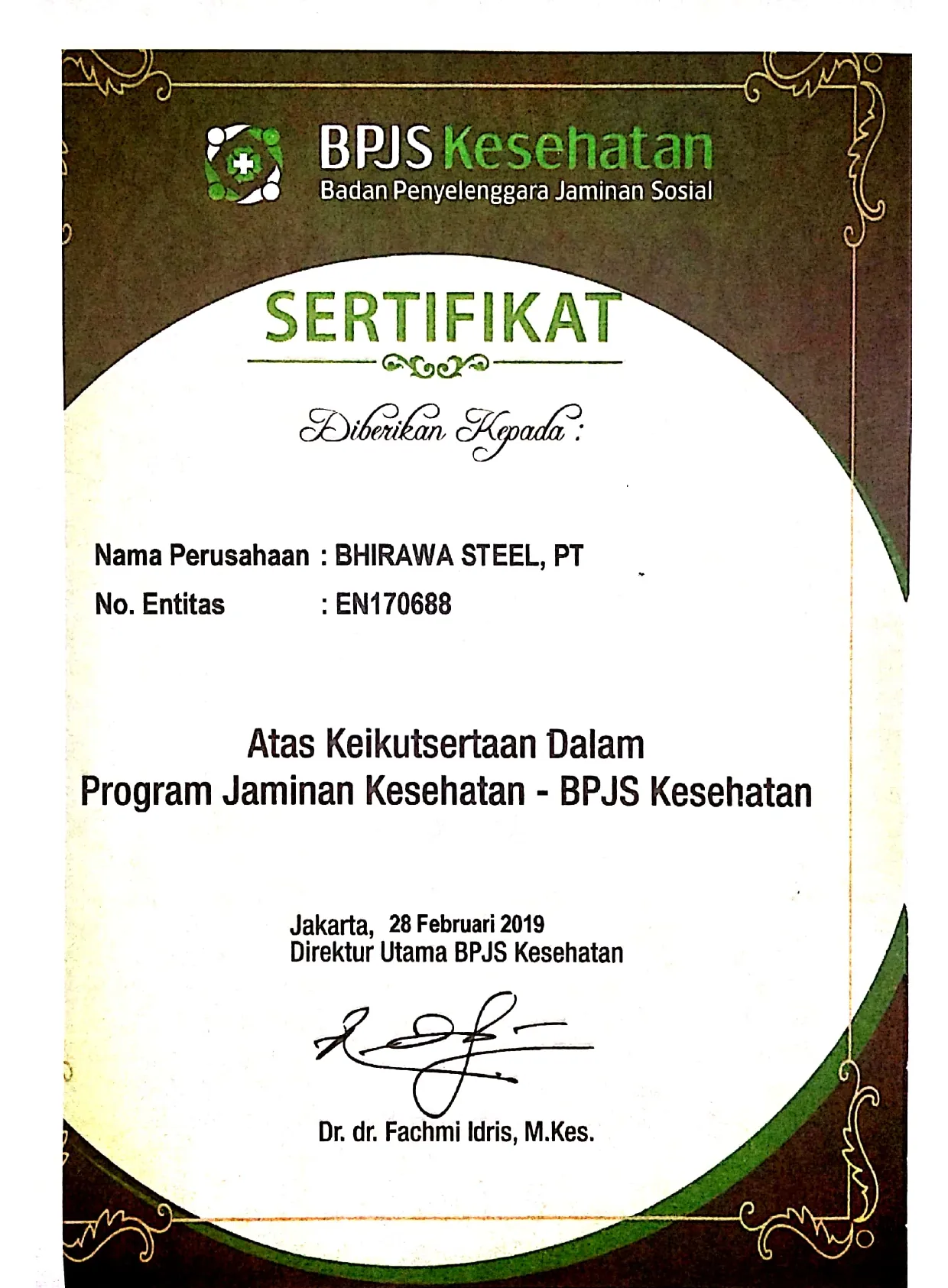 Sertifikat kepesertaan Program Jaminan Kesehatan dari BPJS Kesehatan