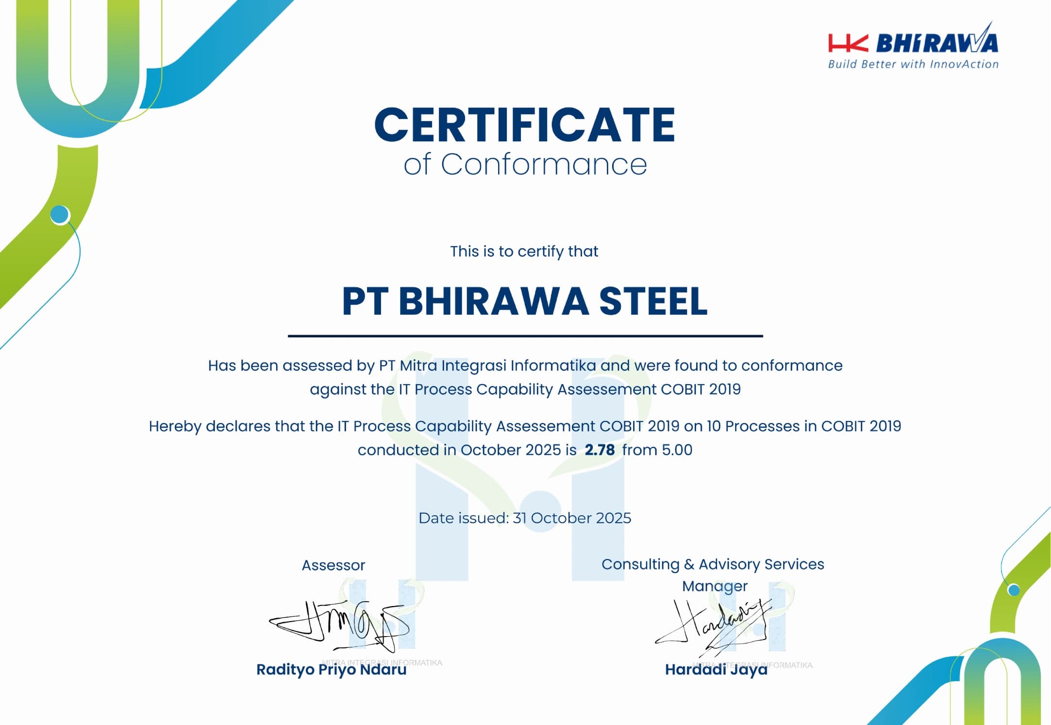Sertifikat kesesuaian penilaian kapabilitas 10 proses TI COBIT 2019 PT Bhirawa Steel