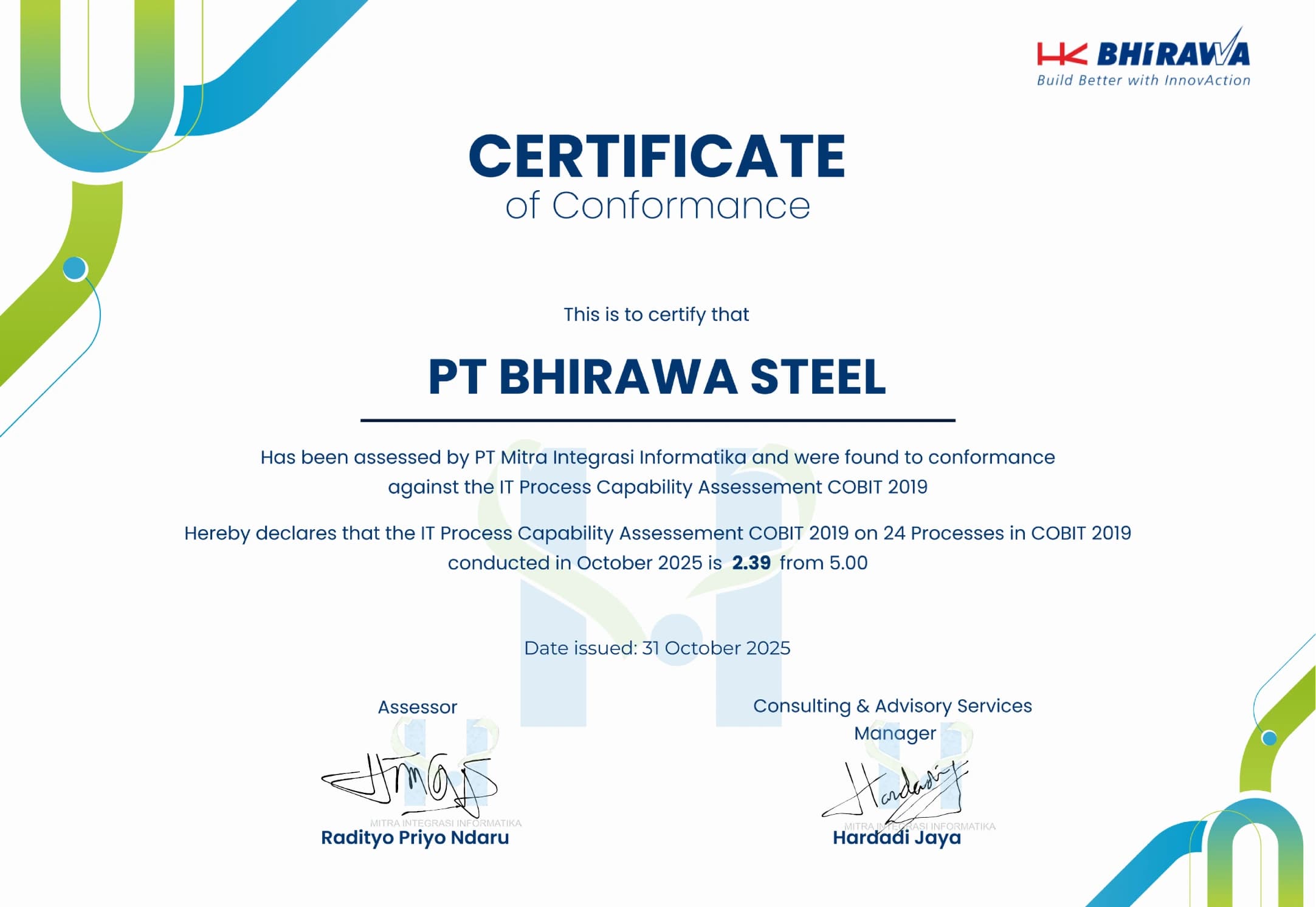 Sertifikat kesesuaian penilaian kapabilitas 24 proses TI COBIT 2019 PT Bhirawa Steel