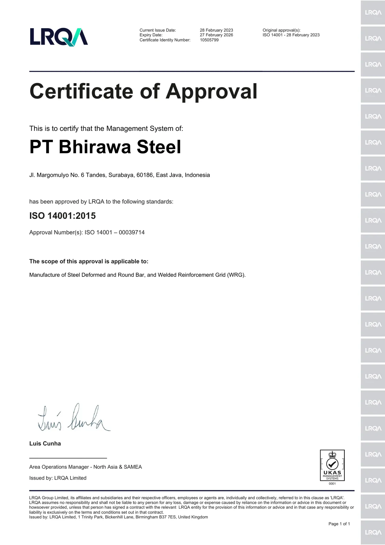 Sertifikat ISO 14001 PT Bhirawa Steel yang diterbitkan LRQA