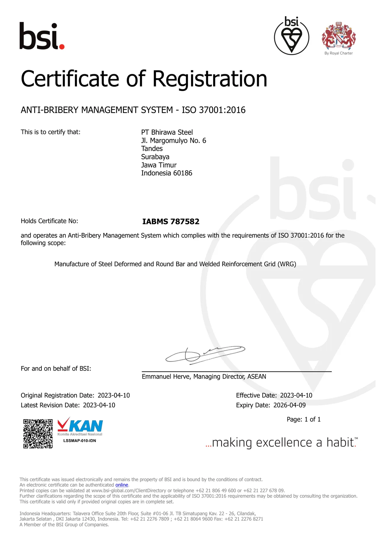Sertifikat ISO 37001 PT Bhirawa Steel yang diterbitkan BSI