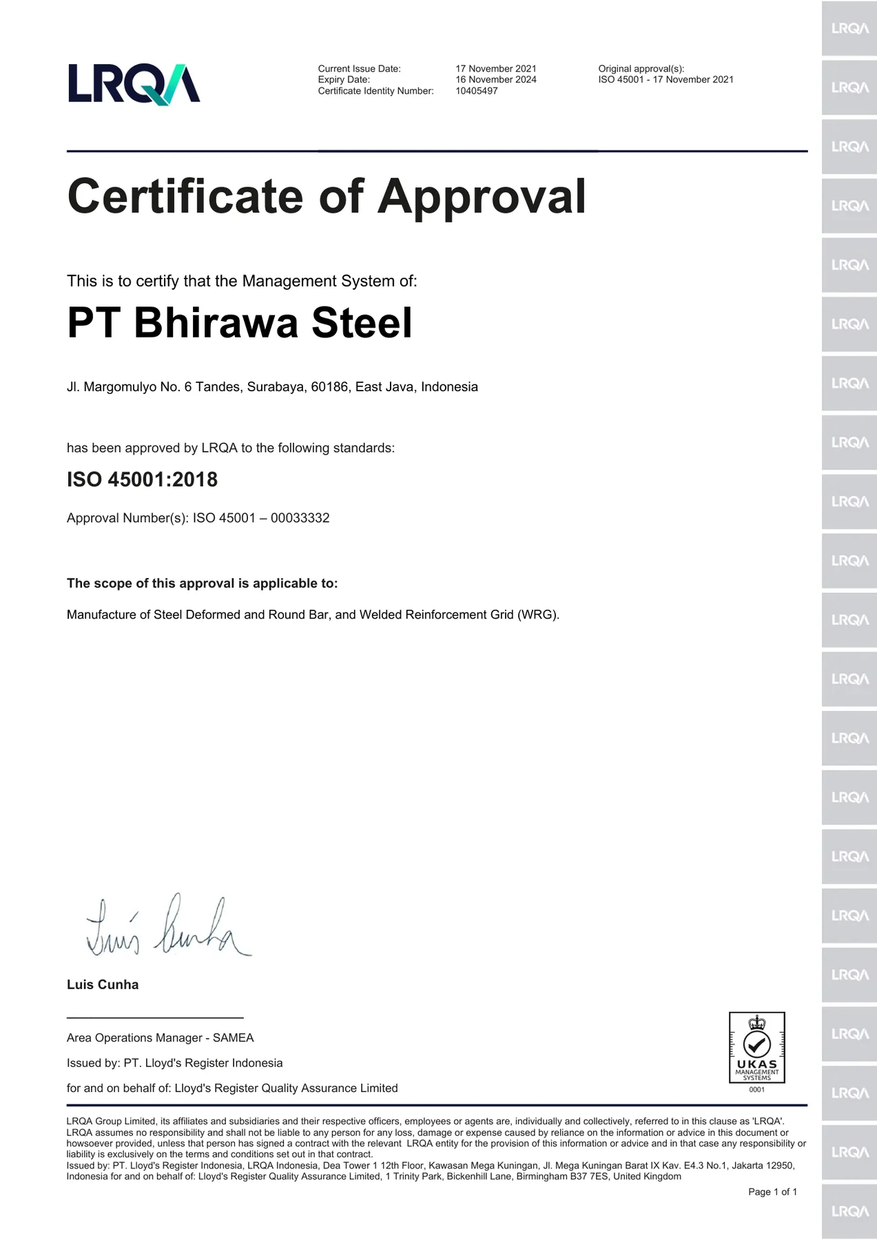 Sertifikat ISO 45001 PT Bhirawa Steel yang diterbitkan LRQA