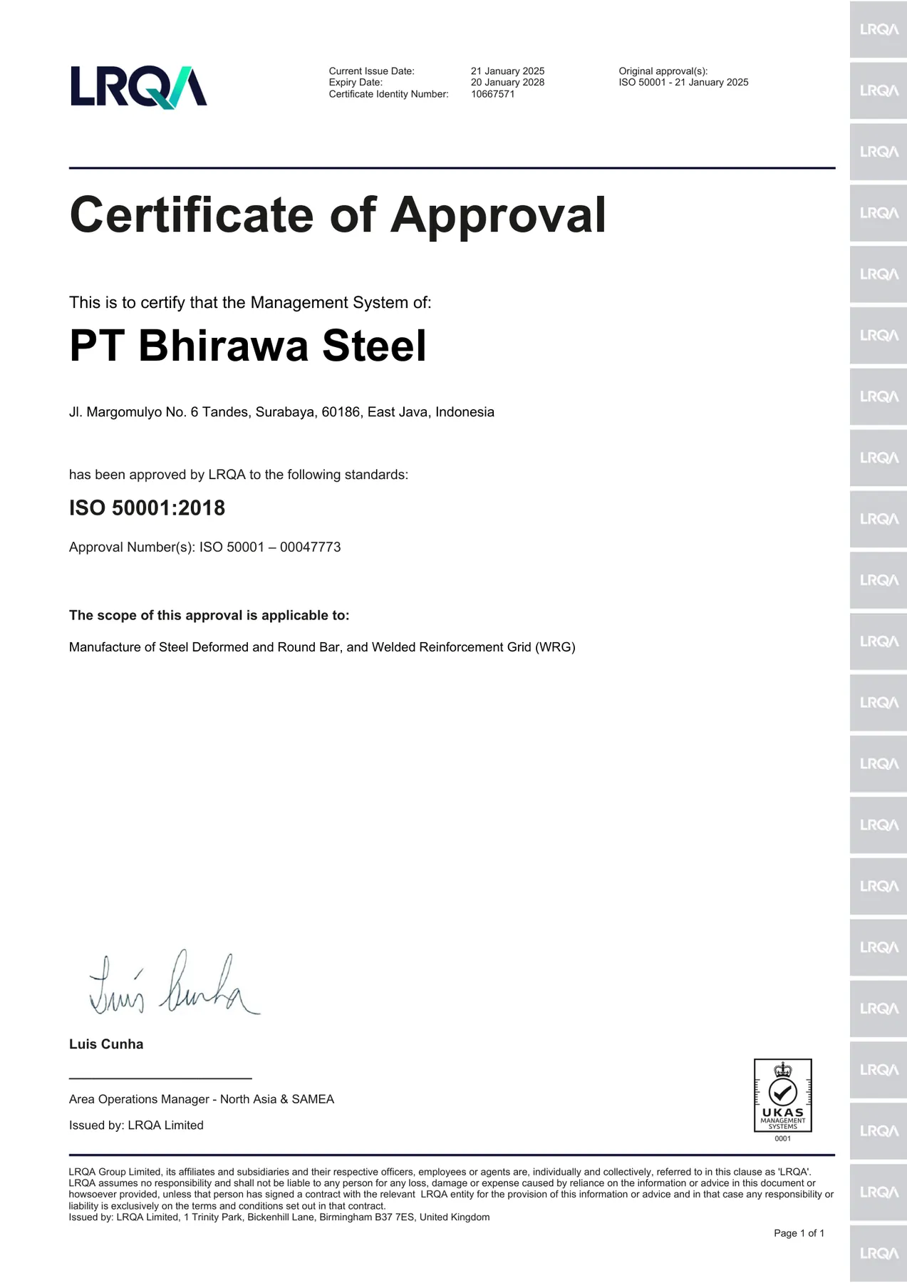 Sertifikat ISO 50001 PT Bhirawa Steel yang diterbitkan LRQA