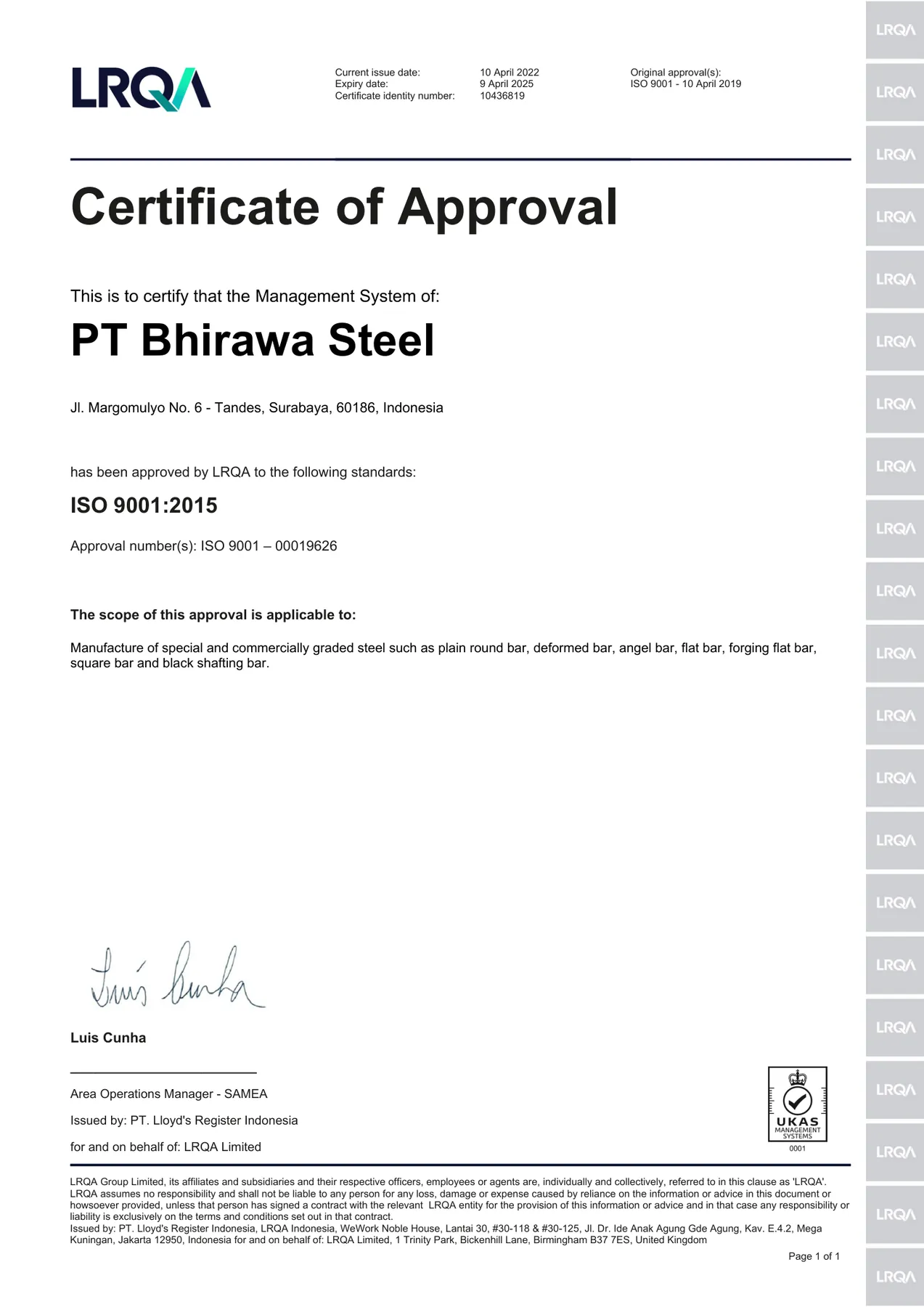 Sertifikat ISO 9001 PT Bhirawa Steel yang diterbitkan LRQA