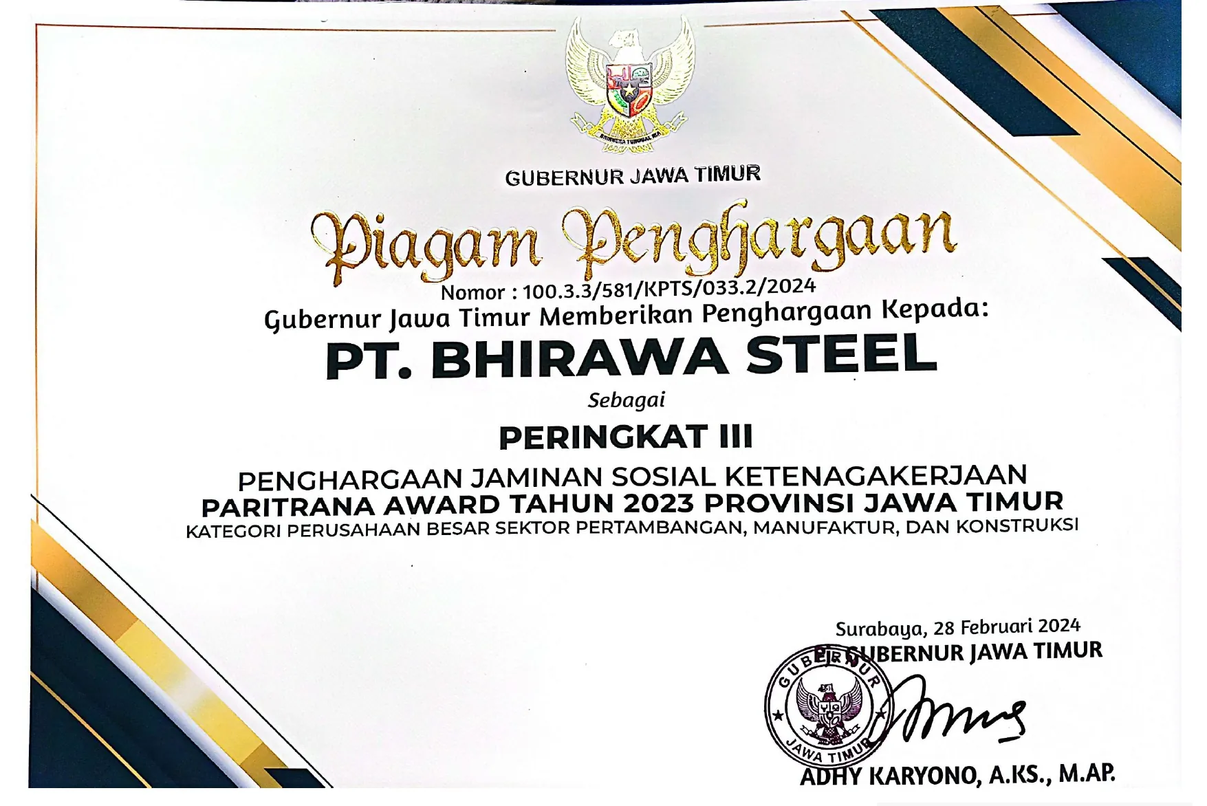 Piagam Paritrana Award peringkat III Provinsi Jawa Timur