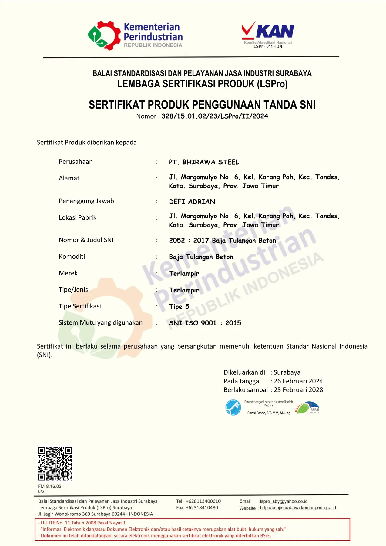 Sertifikat Produk Penggunaan Tanda SNI untuk baja tulangan beton PT Bhirawa Steel
