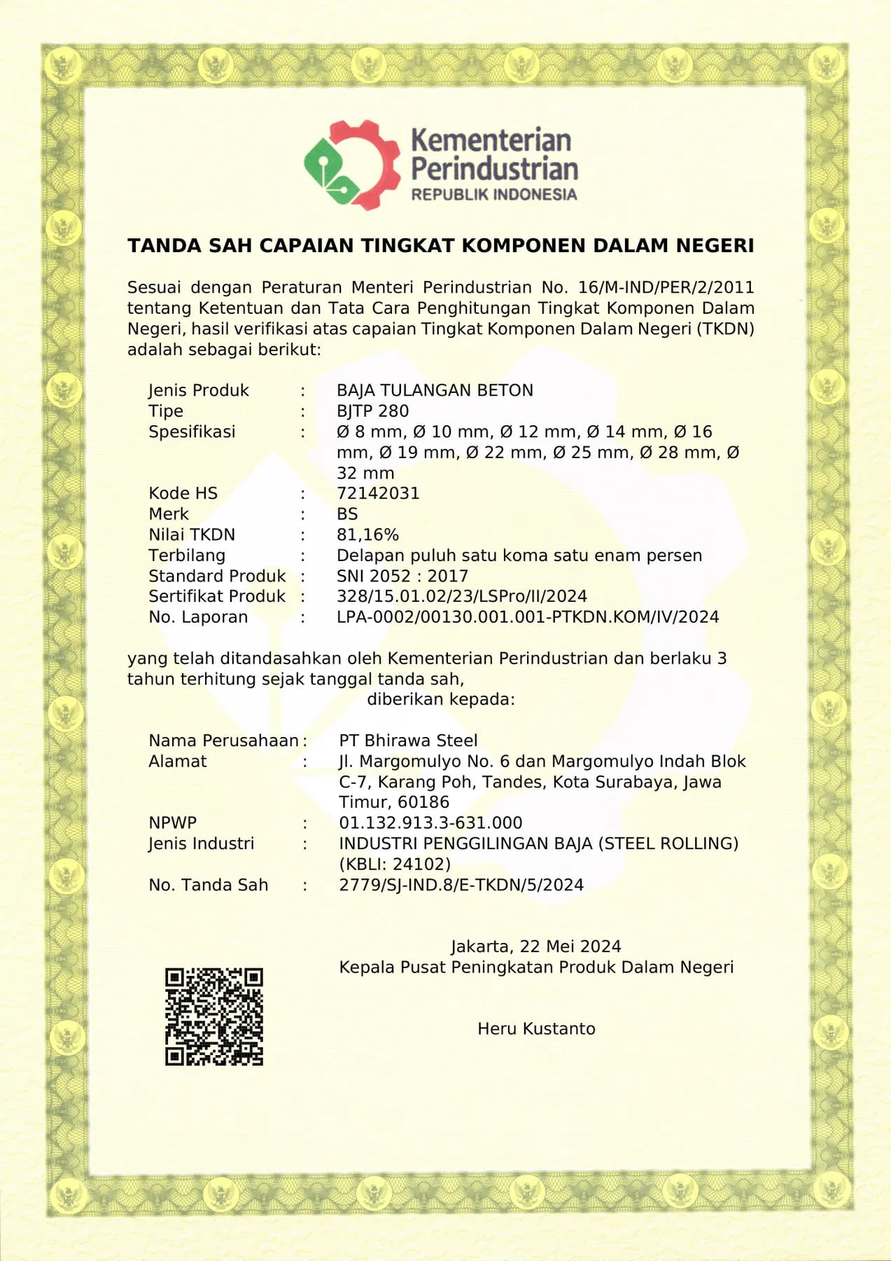 Tanda sah capaian Tingkat Komponen Dalam Negeri untuk BjTP 280