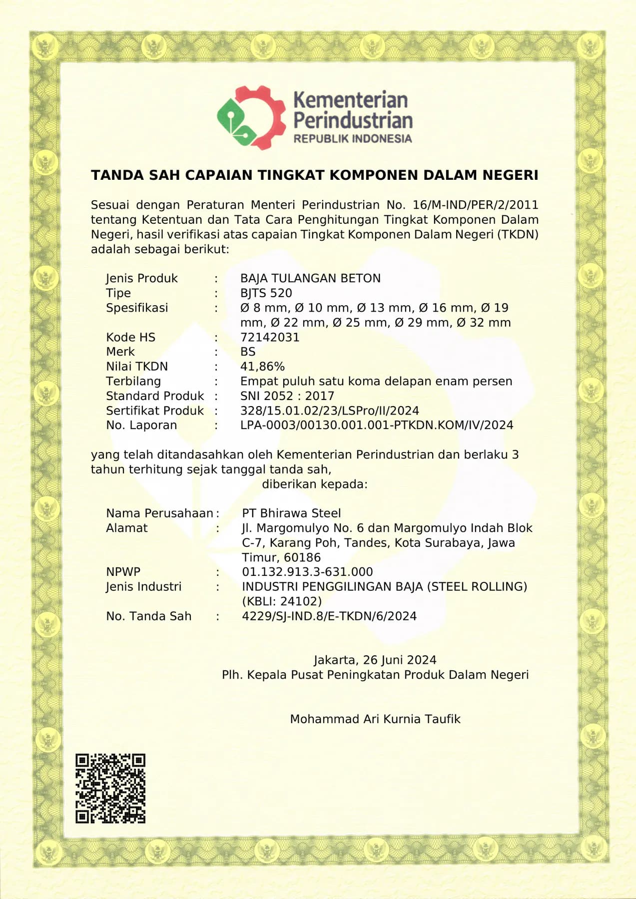 Tanda sah capaian Tingkat Komponen Dalam Negeri untuk BjTS 520