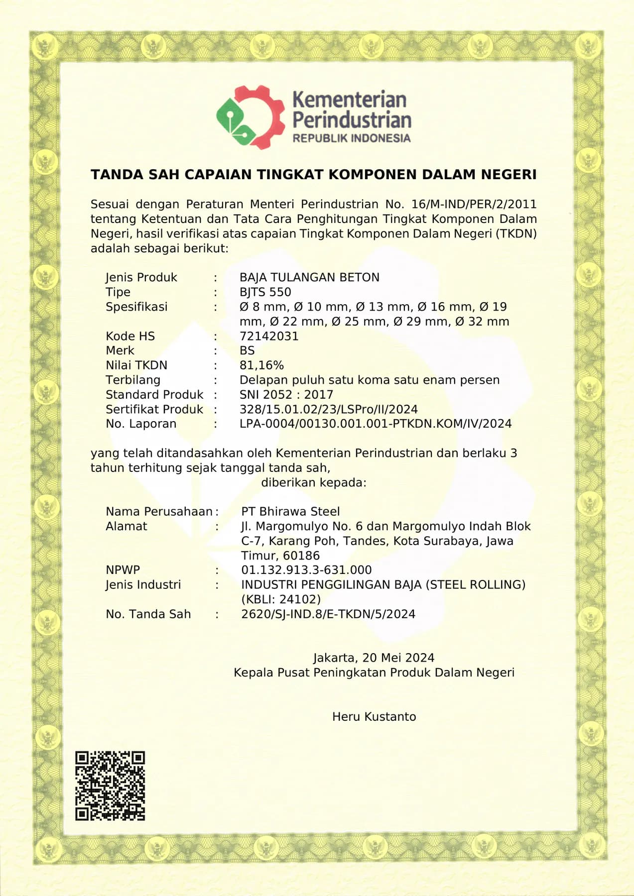 Tanda sah capaian Tingkat Komponen Dalam Negeri untuk BjTS 550