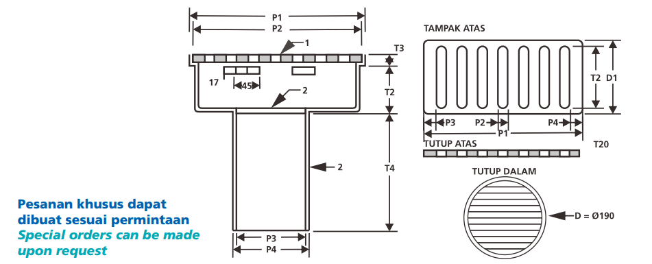 Diagram dimensi deck drain dengan penanda P1, P2, P3, P4, D1, T2, T3, dan T4.
